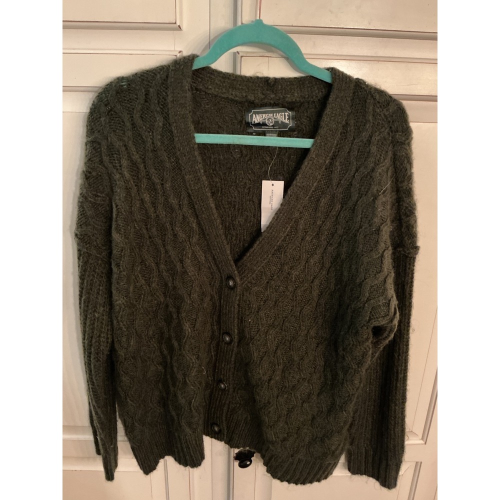 American Eagle Forest Green Cable Knit Cardigan Sweater V-Neck XS 034-1340-9619